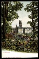 AK Fribourg, Vue de la ville avec cathédrale encadrée d`arbr